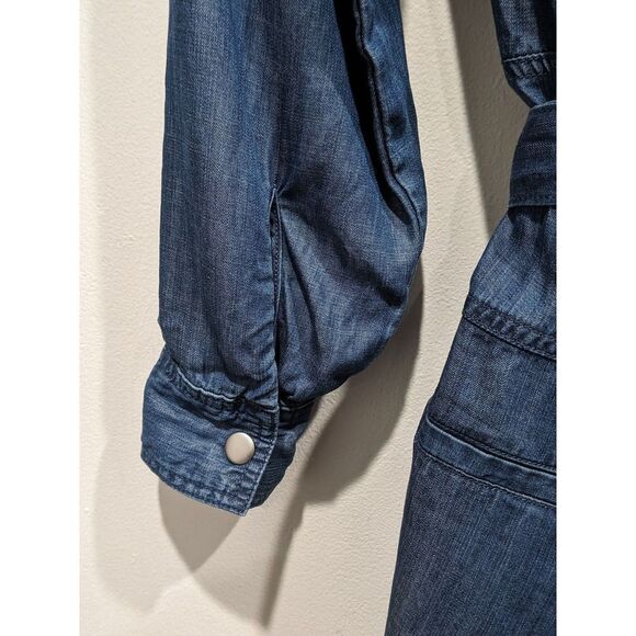 Gabrielle Union New York & Co Chambray Tab Sleeve Zip Front Tie Belt Romper, XS - Picture 11 of 15
